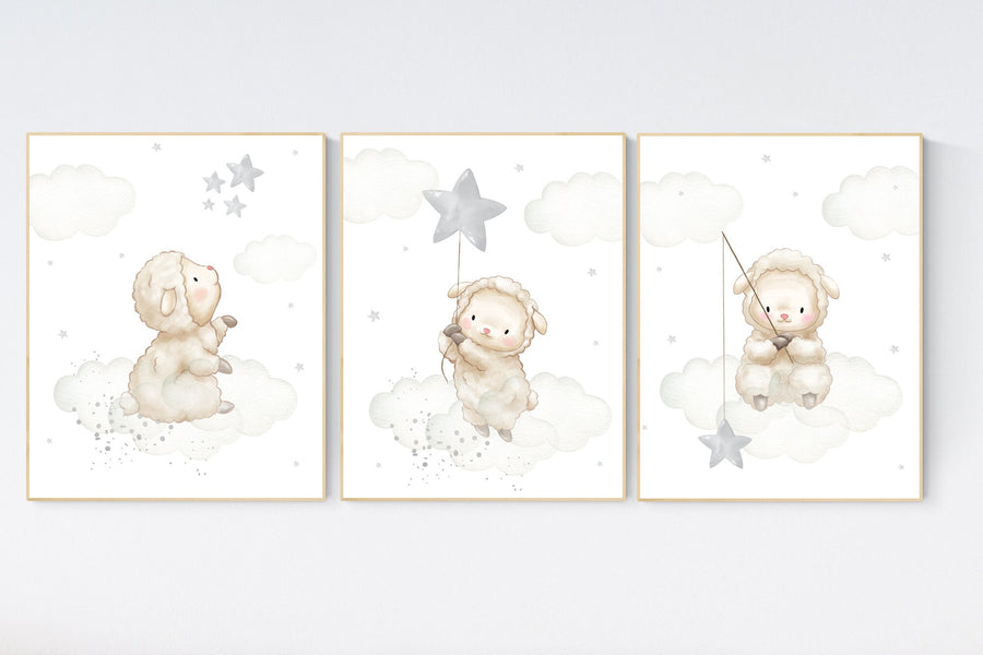 Gender neutral nursery, Sheep nursery decor, Gray nursery decor, nursery decor lambs, nursery wall art sheep, lamb nursery, cloud and stars