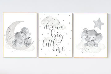 Grey nursery wall art, elephant nursery wall art, moon and stars, gender neutral, gray nursery art, baby room decor, neutral, twin nursery