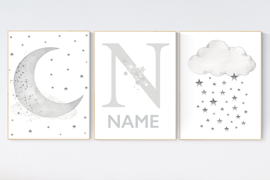 Nursery wall art grey, gray nursery, nursery decor neutral, baby room decor gender neutral, moon and stars, grey nursery decor baby room art