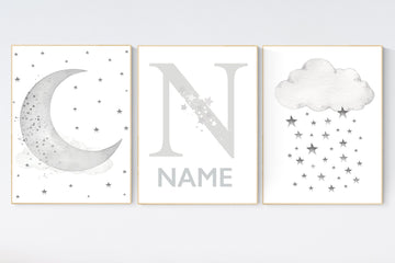 Nursery wall art grey, gray nursery, nursery decor neutral, baby room decor gender neutral, moon and stars, grey nursery decor baby room art
