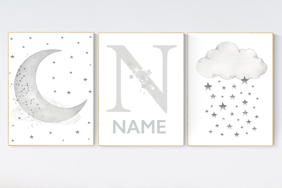 Nursery wall art grey, gray nursery, nursery decor neutral, baby room decor gender neutral, moon and stars, grey nursery decor baby room art