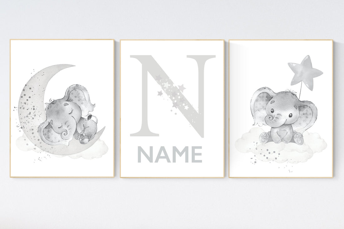 Grey nursery wall art, elephant nursery wall art, moon and stars, gender neutral, gray nursery art, baby room decor, neutral, twin nursery