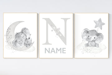 Grey nursery wall art, elephant nursery wall art, moon and stars, gender neutral, gray nursery art, baby room decor, neutral, twin nursery
