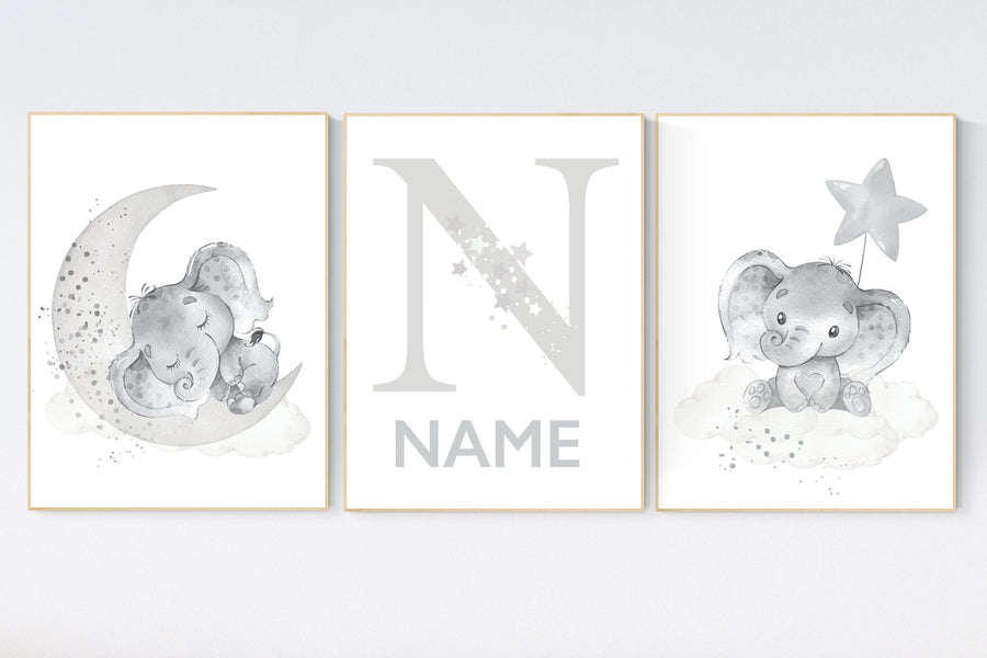 Grey nursery wall art, elephant nursery wall art, moon and stars, gender neutral, gray nursery art, baby room decor, neutral, twin nursery