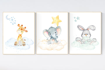 Nursery decor animals, gender neutral, animal prints, bunny, elephant, giraffe, bear, nursery wall decor, animal nursery, pastel colors