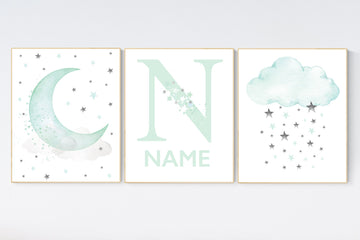 Mint nursery decor, mint green nursery decor, mint green nursery, moon and stars nursery, gender neutral, baby room wall art, star nursery