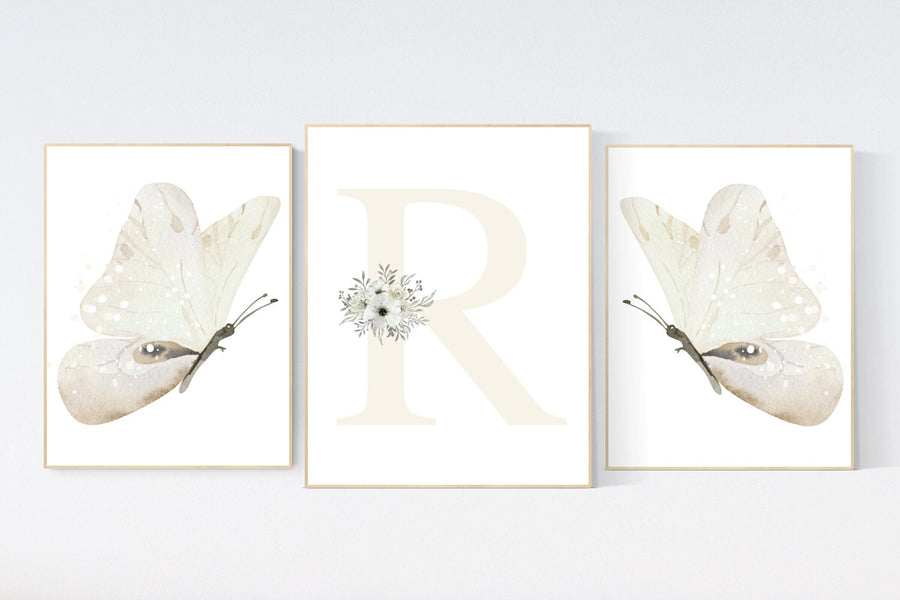 Nursery decor girl butterflies, cream, Butterfly Nursery Art, Girl Nursery Art, beige, Butterfly Nursery Decor for Baby Girl, floral nursery