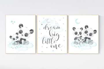 Panda nursery, teal nursery decor, gender neutral prints, mint nursery wall art, panda prints, animal nursery wall art, neutral nursery