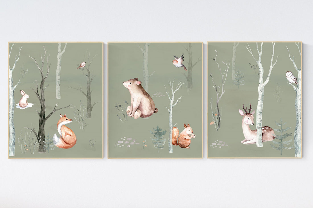 Nursery decor woodland animals, gender neutral, Woodland Nursery Wall Art, Woodland animal prints, forest, animal nursery, green nursery