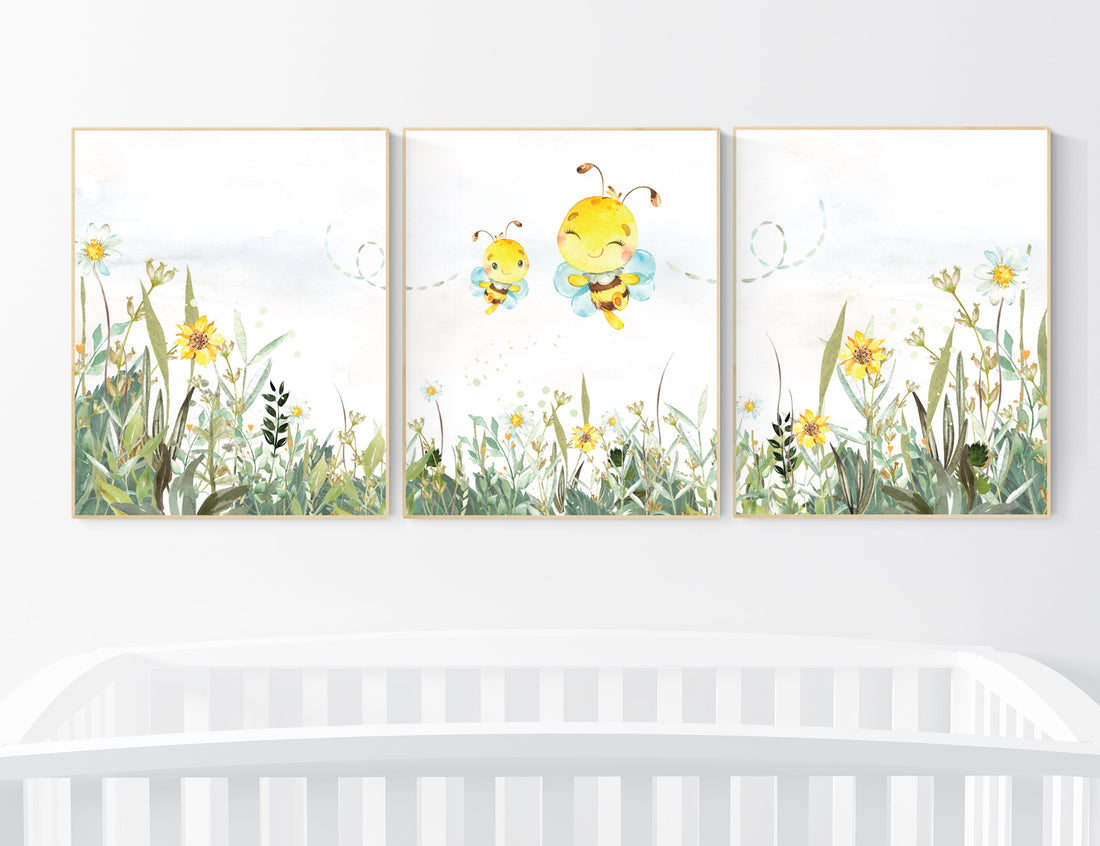 nursery decor neutral, gender neutral nursery decor, bee nursery decor, bee nursery prints, nursery wall art prints, yellow nursery art