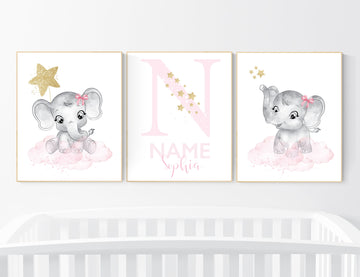Girl nursery decor, pink and gold, elephant nursery prints, nursery wall art girl, baby girl elephant nursery decor, name nursery, pink gold