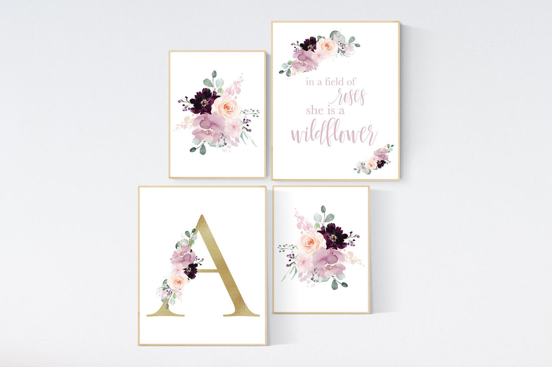 Nursery decor girl purple, mauve, Burgundy, floral nursery, flower nursery, in a field of roses she is a wildflower, blush nursery, monogram