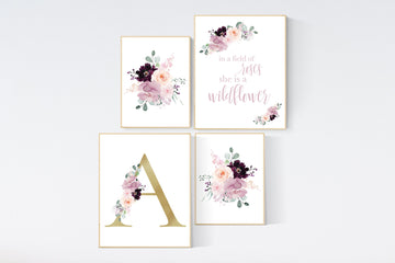 Nursery decor girl purple, mauve, Burgundy, floral nursery, flower nursery, in a field of roses she is a wildflower, blush nursery, monogram
