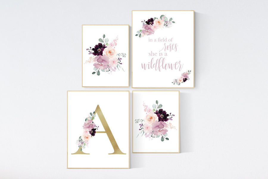 Nursery decor girl purple, mauve, Burgundy, floral nursery, flower nursery, in a field of roses she is a wildflower, blush nursery, monogram