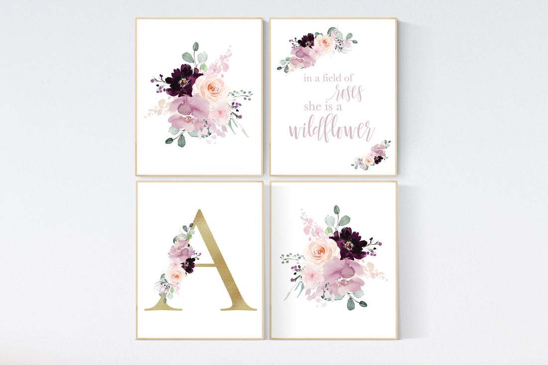 Nursery decor girl purple, mauve, Burgundy, floral nursery, flower nursery, in a field of roses she is a wildflower, blush nursery, monogram