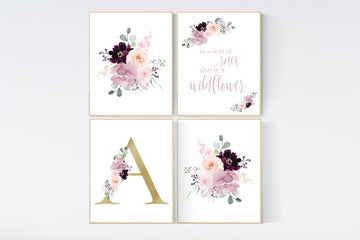 Nursery decor girl purple, mauve, Burgundy, floral nursery, flower nursery, in a field of roses she is a wildflower, blush nursery, monogram