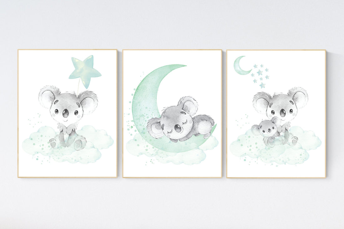 Koala nursery, mint nursery, moon and stars, mint green nursery art, nursery prints animals, gender neutral nursery, koala mother and baby