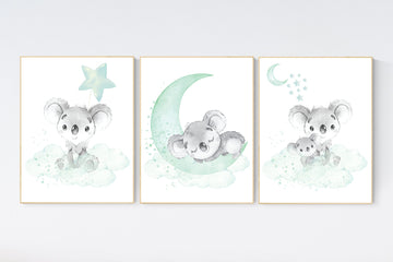 Koala nursery, mint nursery, moon and stars, mint green nursery art, nursery prints animals, gender neutral nursery, koala mother and baby