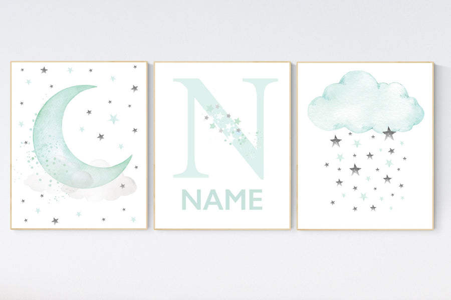 Mint nursery decor, name print, mint green nursery decor, mint green nursery, moon and stars nursery, gender neutral