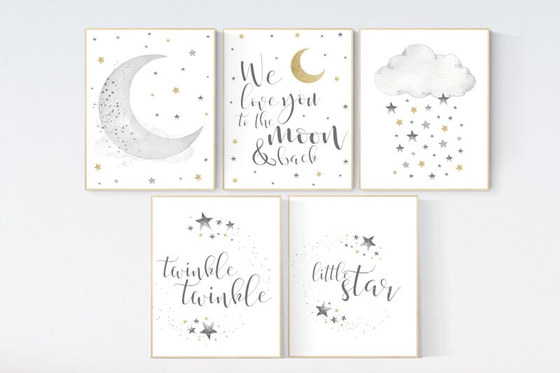 Nursery wall art grey, gray gold nursery, nursery decor neutral, baby room decor gender neutral, moon and stars, grey gold, baby room art