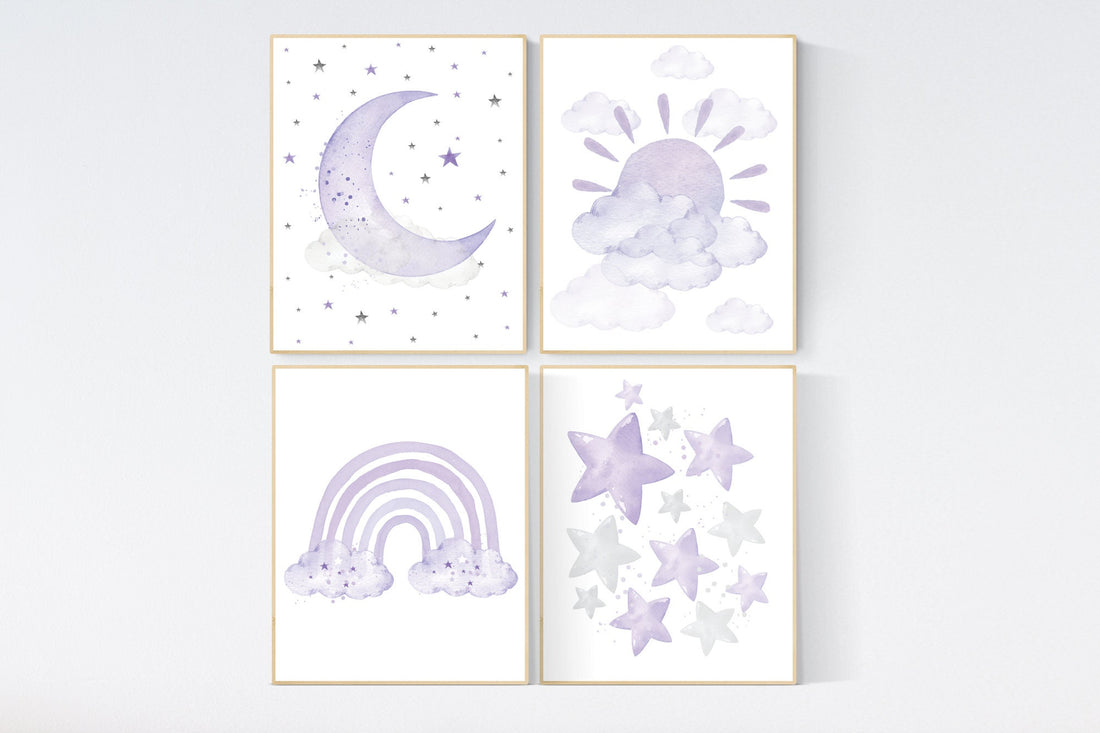 Nursery prints rainbow, Nursery decor girl purple, lilac nursery, nursery wall art girl, moon star, cloud, sun nursery, lavender, lilac