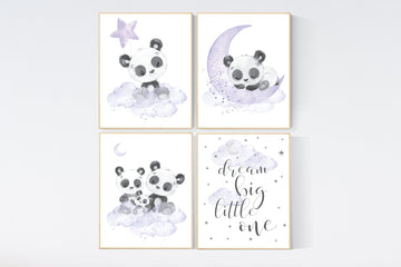 Nursery decor girl, panda nursery, purple and gray nursery wall art, panda nursery print, nursery decor animal, lilac, lavender, purple