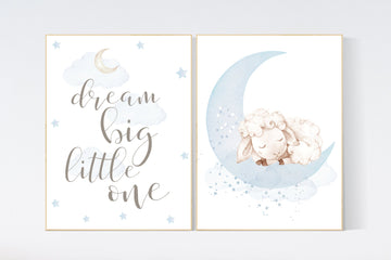 Sheep nursery decor, blue grey nursery, nursery decor lambs, nursery wall art sheep, moon and cloud wall art nursery, gray blue, nursery art