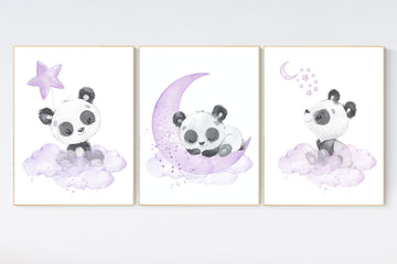 Nursery decor girl, panda nursery, purple gray nursery wall art, panda nursery print, nursery decor animal, lilac, lavender, burgundy