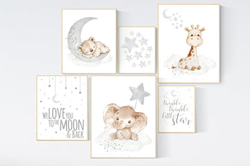 Nursery wall art animals, gray nursery, gender neutral nursery, neutral nursery, baby room decor, bear, elephant, giraffe, animal prints