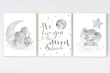 Grey nursery wall art, elephant nursery wall art, moon and stars, gender neutral, gray nursery art, baby room decor, neutral, twin nursery