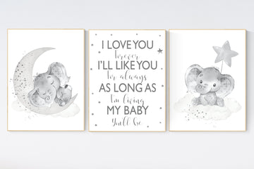 Grey nursery wall art, elephant nursery wall art, moon and stars, gender neutral, gray nursery art, baby room decor, neutral, twin nursery