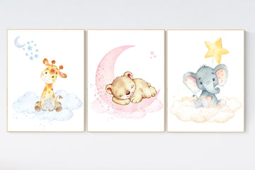 Nursery decor animals, gender neutral, animal prints, bunny, elephant, giraffe, bear, nursery wall decor, animal nursery, pastel colors