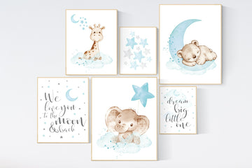 Nursery decor animals, teal nursery, Gender neutral nursery wall art, elephant, giraffe, bear, teal and grey, woodland, animal prints