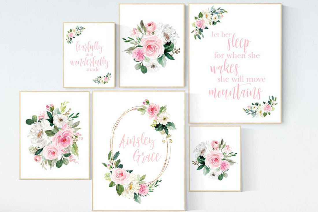 Nursery wall art floral, nursery decor girl flower, baby room prints, Boho baby room, pink nursery, flower baby room, quotes, girls room