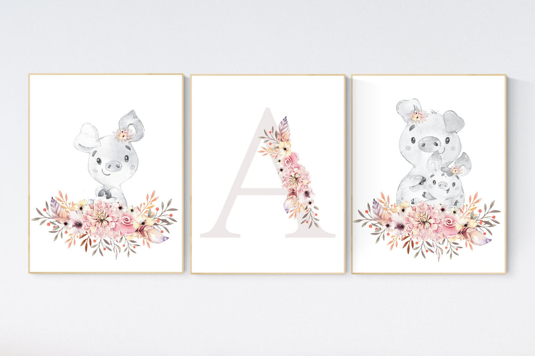 Nursery decor girl boho, piglet nursery wall art, nursery decor girl floral, nursery decor girl pig, floral nursery, boho nursery