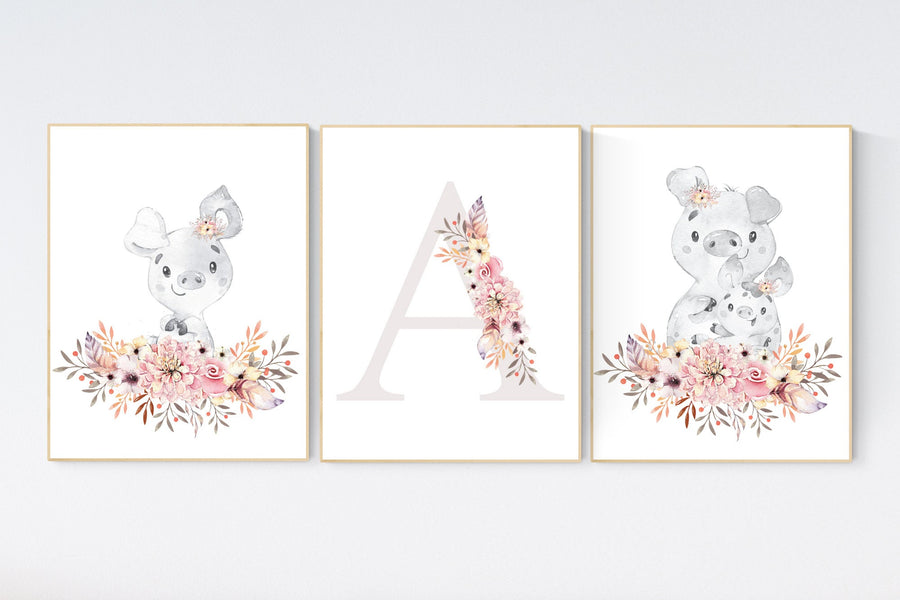 Nursery decor girl boho, piglet nursery wall art, nursery decor girl floral, nursery decor girl pig, floral nursery, boho nursery