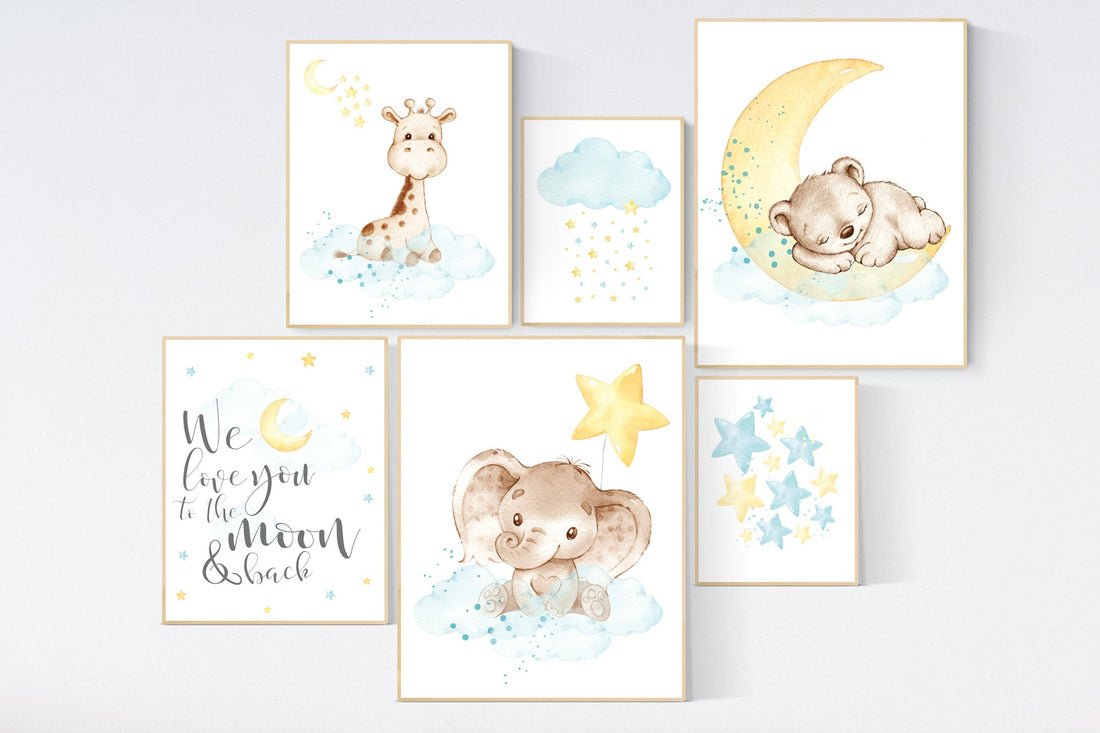 Nursery decor yellow teal, animal prints, elephant, giraffe, bear nursery, we love you to the moon and back, gender neutral, animals