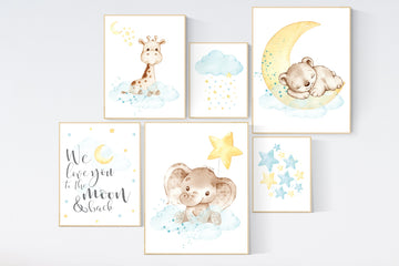 Nursery decor yellow teal, animal prints, elephant, giraffe, bear nursery, we love you to the moon and back, gender neutral, animals