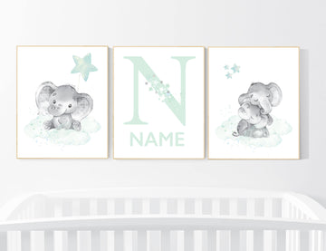 Mint nursery decor, elephant nursery, name print, mint green nursery decor, mint green nursery, moon and stars nursery, gender neutral