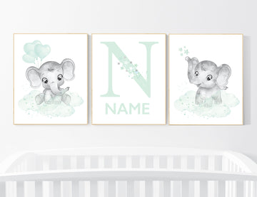 Animal nursery, Mint nursery decor, elephant nursery, name print, mint green nursery decor, mint green, moon and stars, gender neutral
