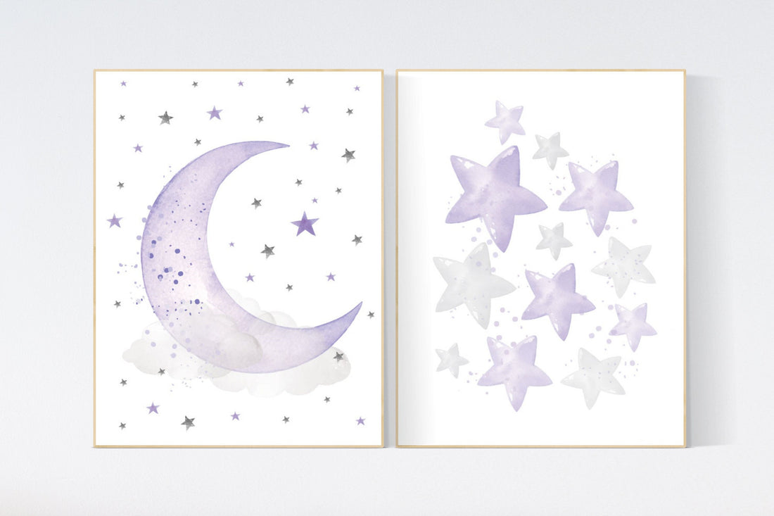 Nursery decor girl purple, nursery decor girl lavender and gray, lilac nursery, purple nursery, cloud, moon and stars, baby room wall, stars