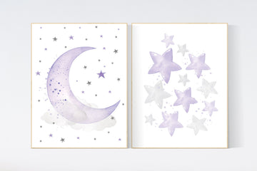 Nursery decor girl purple, nursery decor girl lavender and gray, lilac nursery, purple nursery, cloud, moon and stars, baby room wall, stars