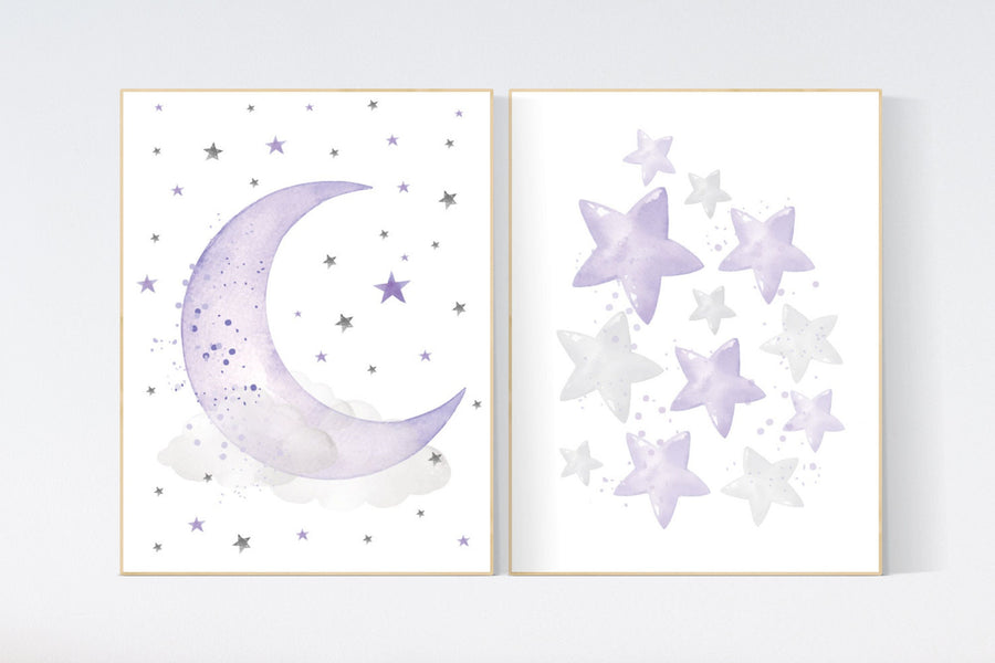 Nursery decor girl purple, nursery decor girl lavender and gray, lilac nursery, purple nursery, cloud, moon and stars, baby room wall, stars