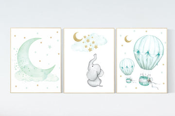 Nursery decor elephant, mint gold baby nursery, nursery decor boy and girl, cloud and star nursery, moon nursery decor, gender neutral