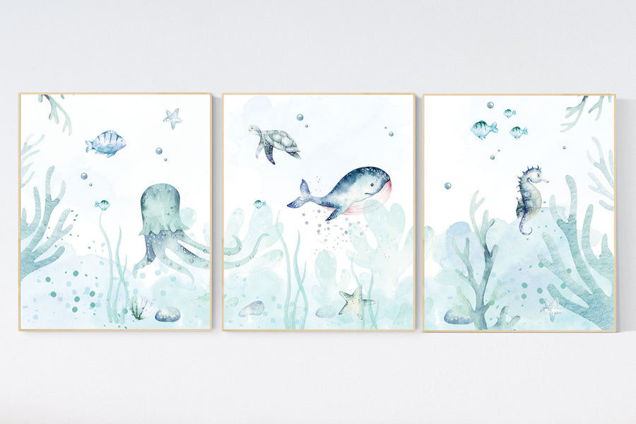 Under the sea wall art, Ocean nursery decor, Nautical nursery print set, under the sea nursery, gender neutral nursery, ocean, nautical