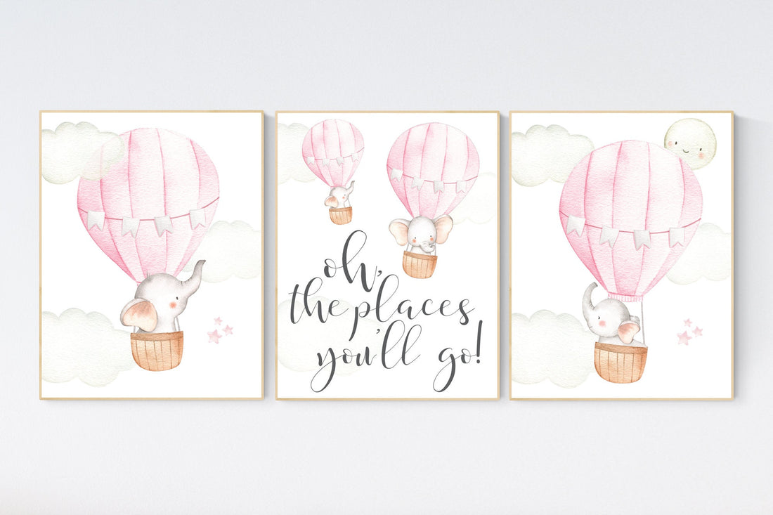 Hot air balloon nursery, nursery decor, elephant nursery, pink nursery decor, girl nursery wall decor, set of 3, baby room decor, pink