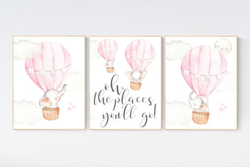Hot air balloon nursery, nursery decor, elephant nursery, pink nursery decor, girl nursery wall decor, set of 3, baby room decor, pink