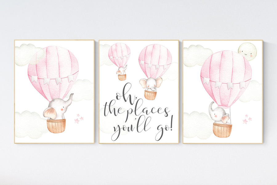 Hot air balloon nursery, nursery decor, elephant nursery, pink nursery decor, girl nursery wall decor, set of 3, baby room decor, pink