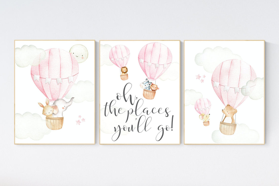 Hot air balloon nursery, nursery decor, woodland animals, pink nursery decor, elephant, bunny, giraffe, baby bear, pink nursery print