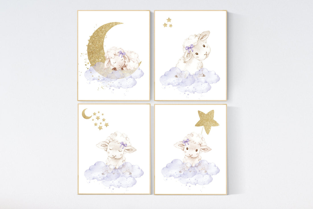 Sheep nursery decor, nursery decor lambs, lavender gold nursery decor, nursery wall art sheep, cloud and star, girl nursery